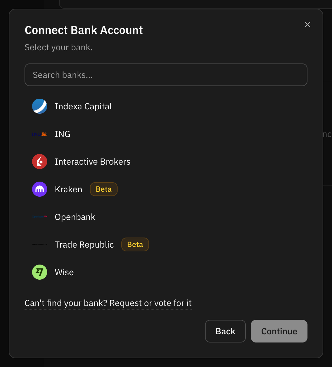 The bank picker: a search box and a list of banks, brokers and exchanges, one of them marked Beta