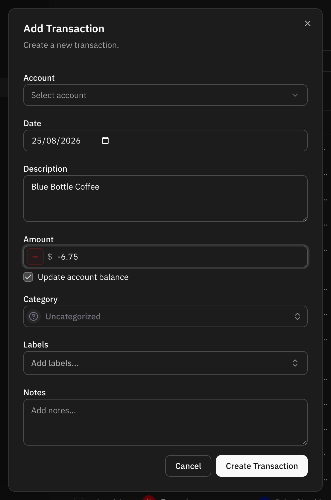 The create transaction dialog, with the account, date, description and amount fields filled in and the category and labels pickers below them