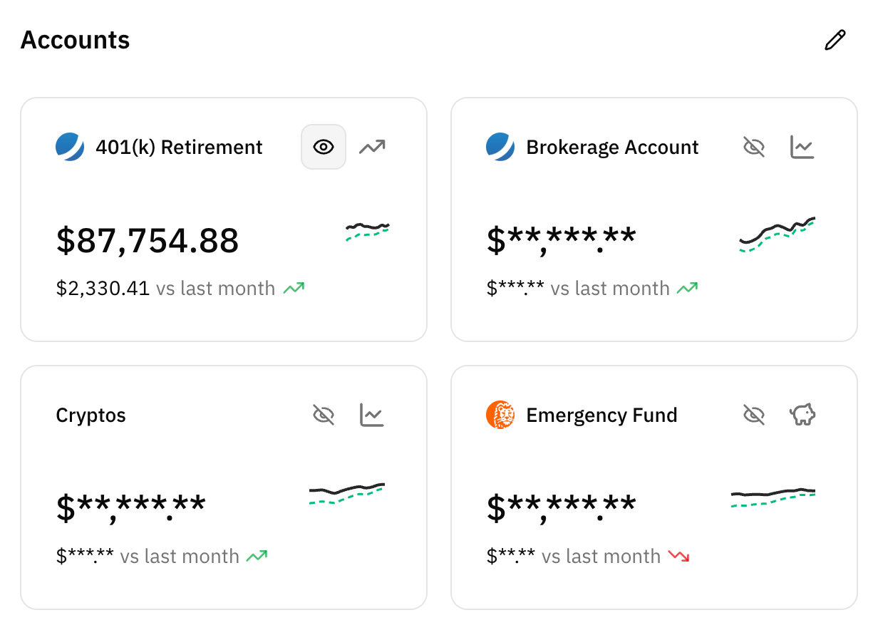 Privacy mode on the dashboard: one account card revealed with its eye button pressed, the others still showing asterisks