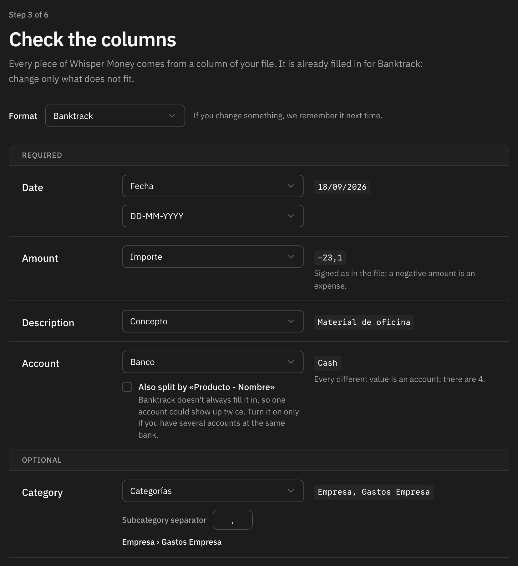 El paso de columnas, con la fecha, el importe, la descripción, la cuenta y la categoría de una exportación de Banktrack ya asignadas
