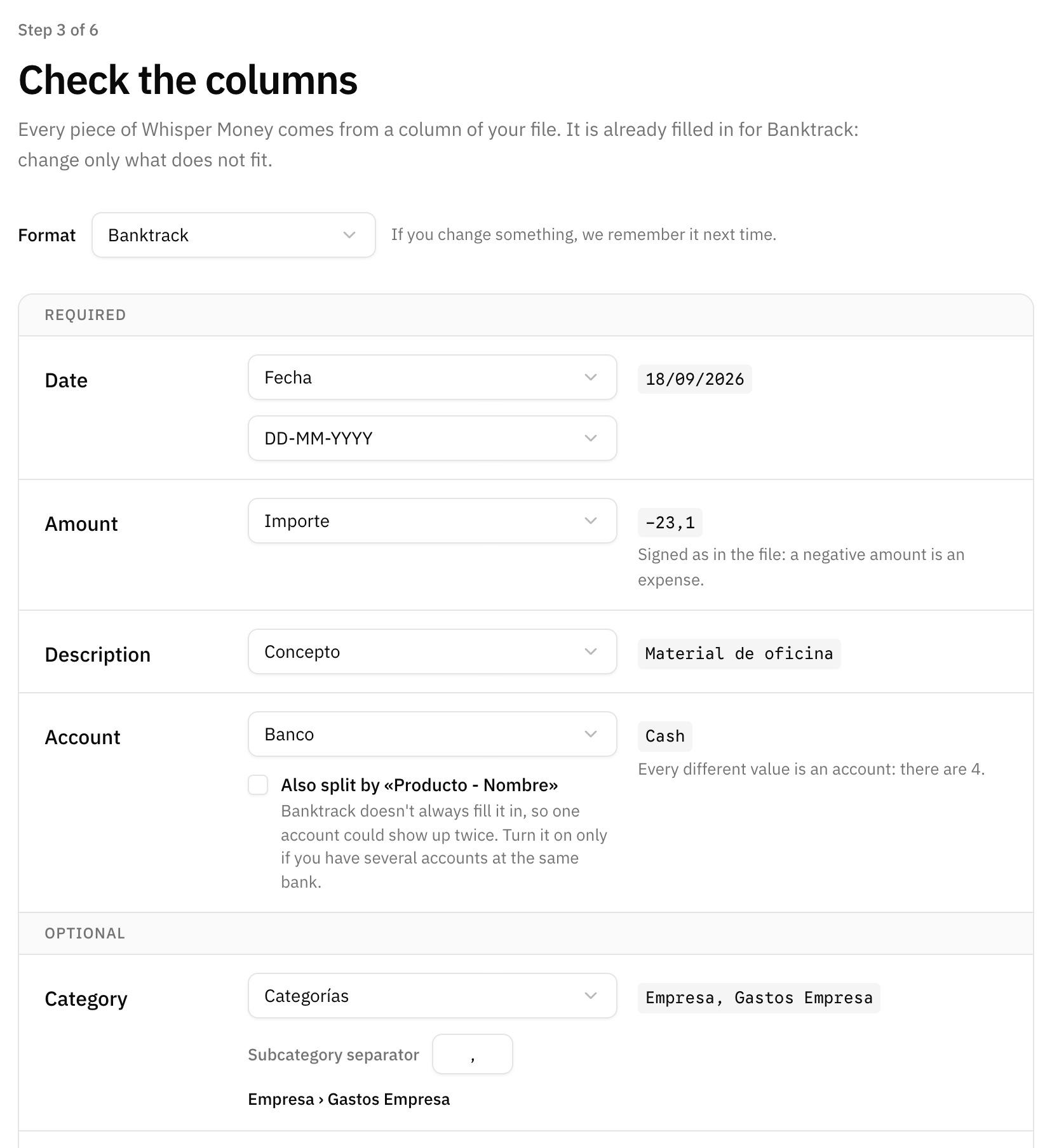 El paso de columnas, con la fecha, el importe, la descripción, la cuenta y la categoría de una exportación de Banktrack ya asignadas