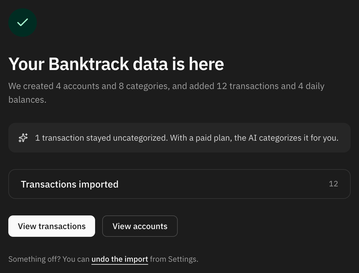 La importación terminada, con las cuentas, las categorías y las transacciones que ha traído
