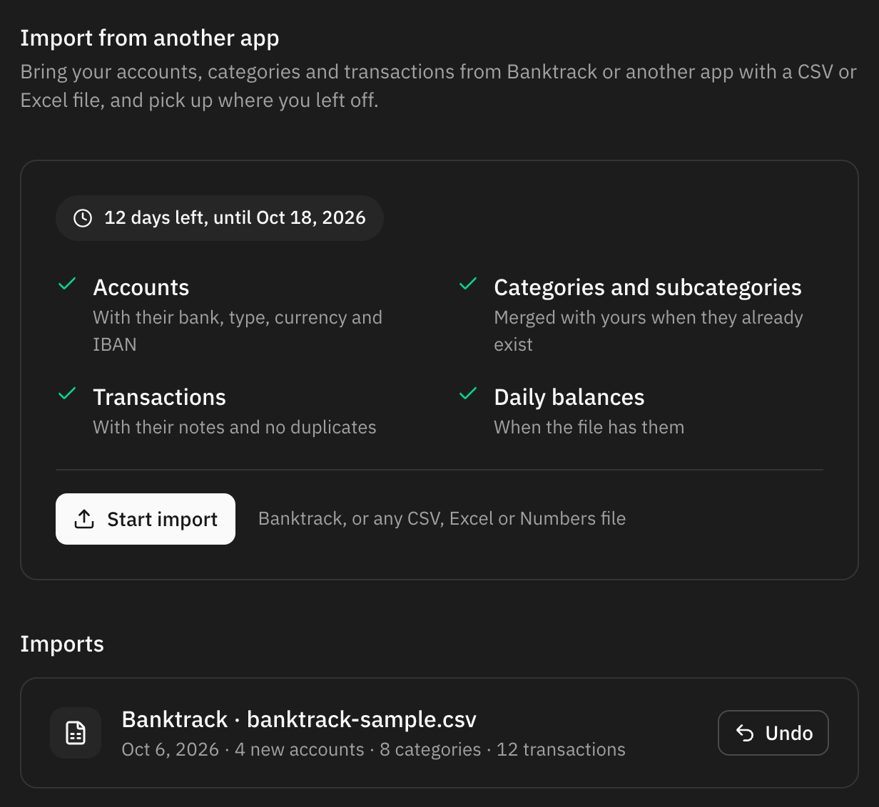 La página Importar desde otra app en Configuración, con los días que quedan, lo que se importa y el botón para empezar