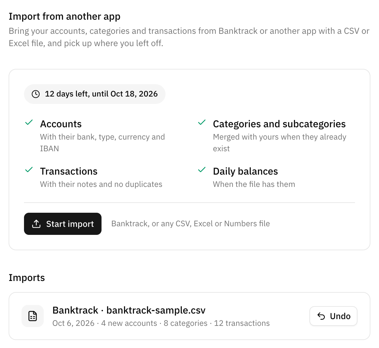 La página Importar desde otra app en Configuración, con los días que quedan, lo que se importa y el botón para empezar