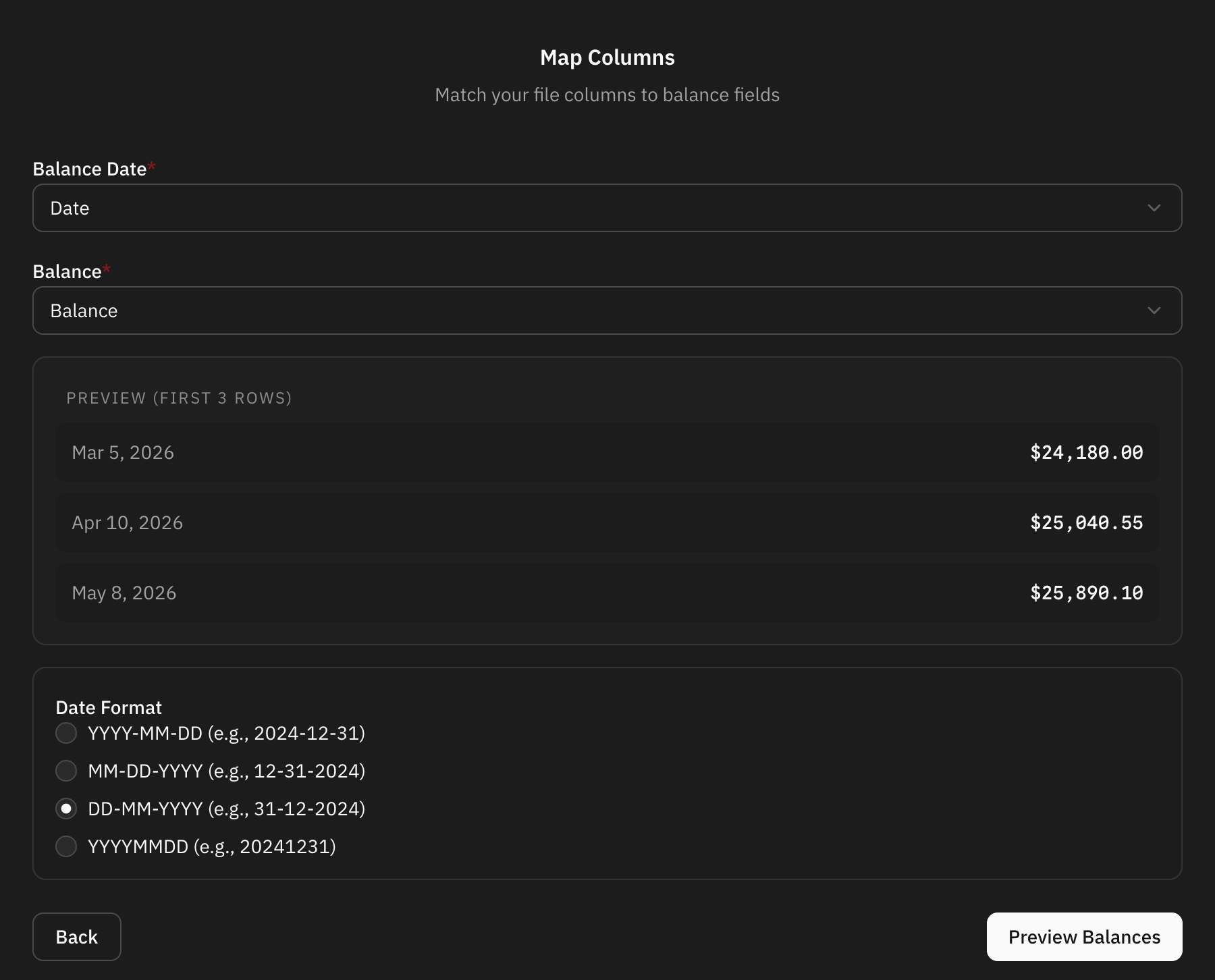 The column mapping step of the balance import, with the date and balance columns matched and the importer asking which way round the dates read