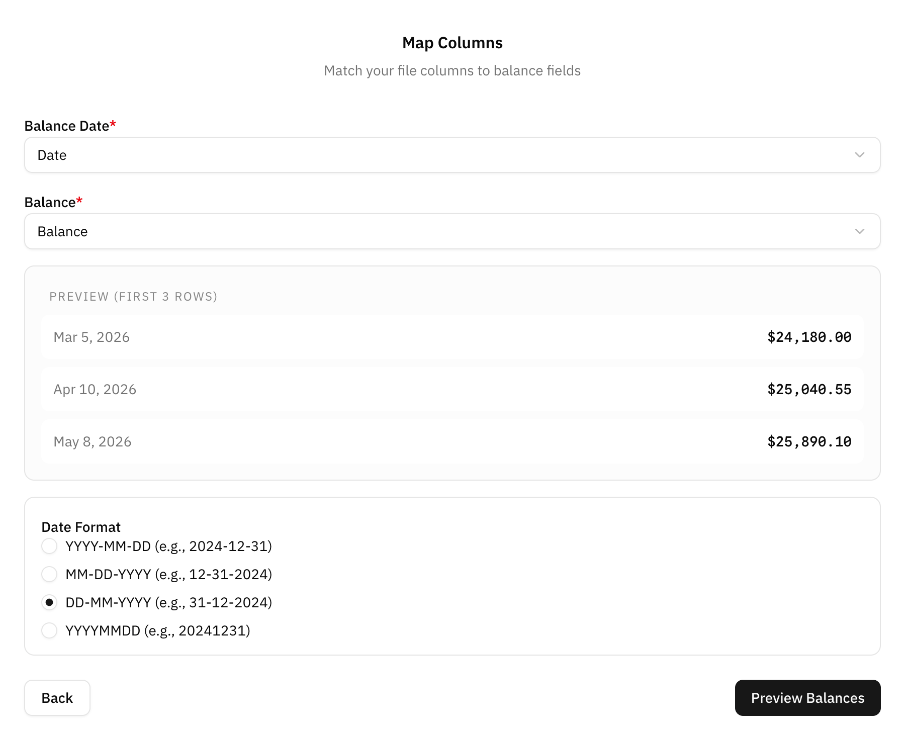 The column mapping step of the balance import, with the date and balance columns matched and the importer asking which way round the dates read