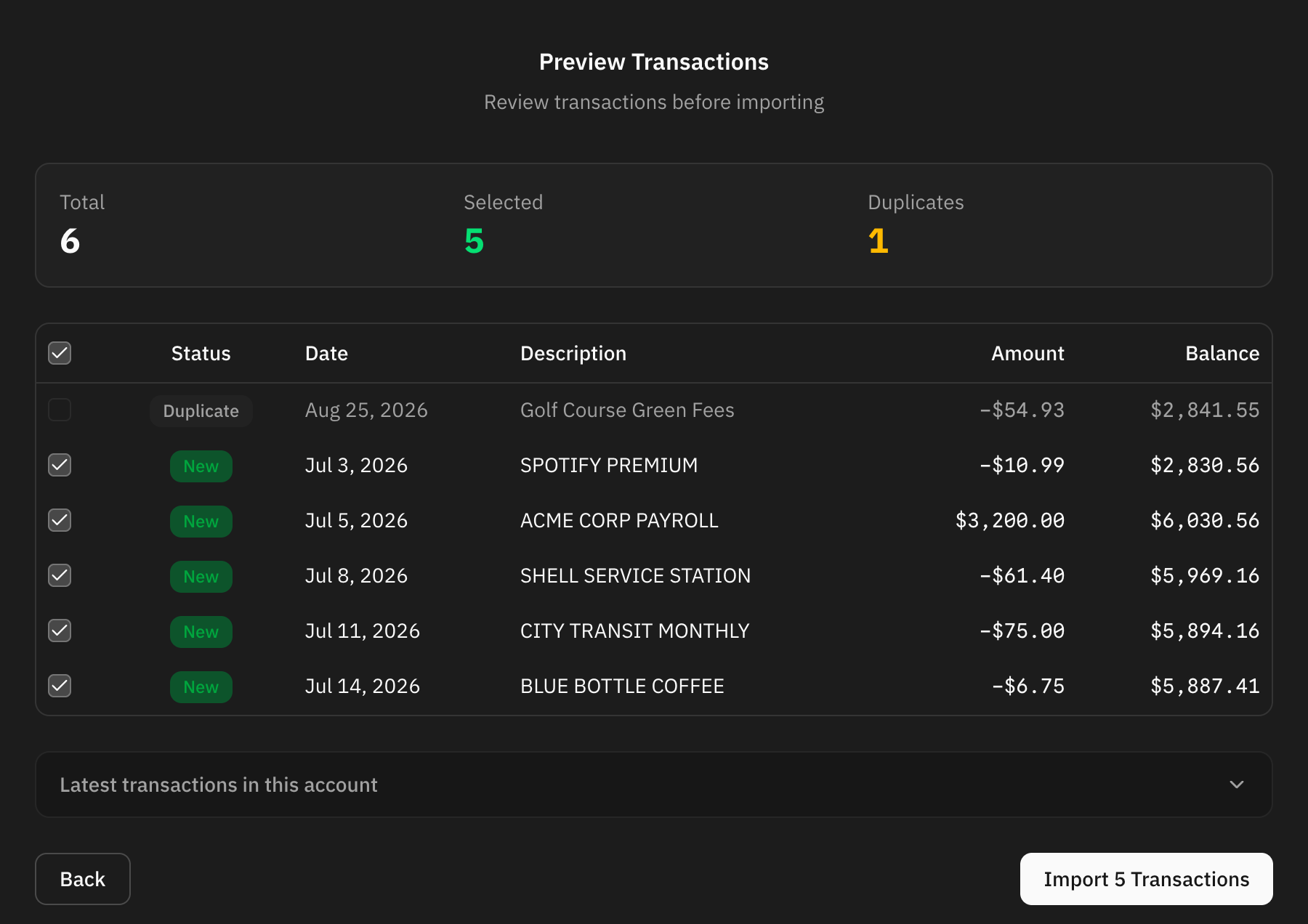 The preview step, listing the rows to be imported with the duplicates flagged and unticked