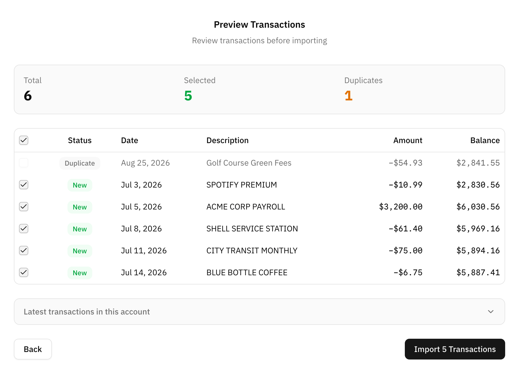 The preview step, listing the rows to be imported with the duplicates flagged and unticked