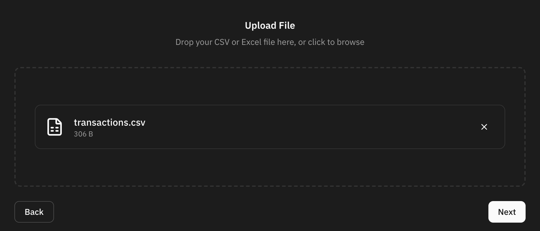 The file step of the import drawer, with a CSV chosen and the Next button ready