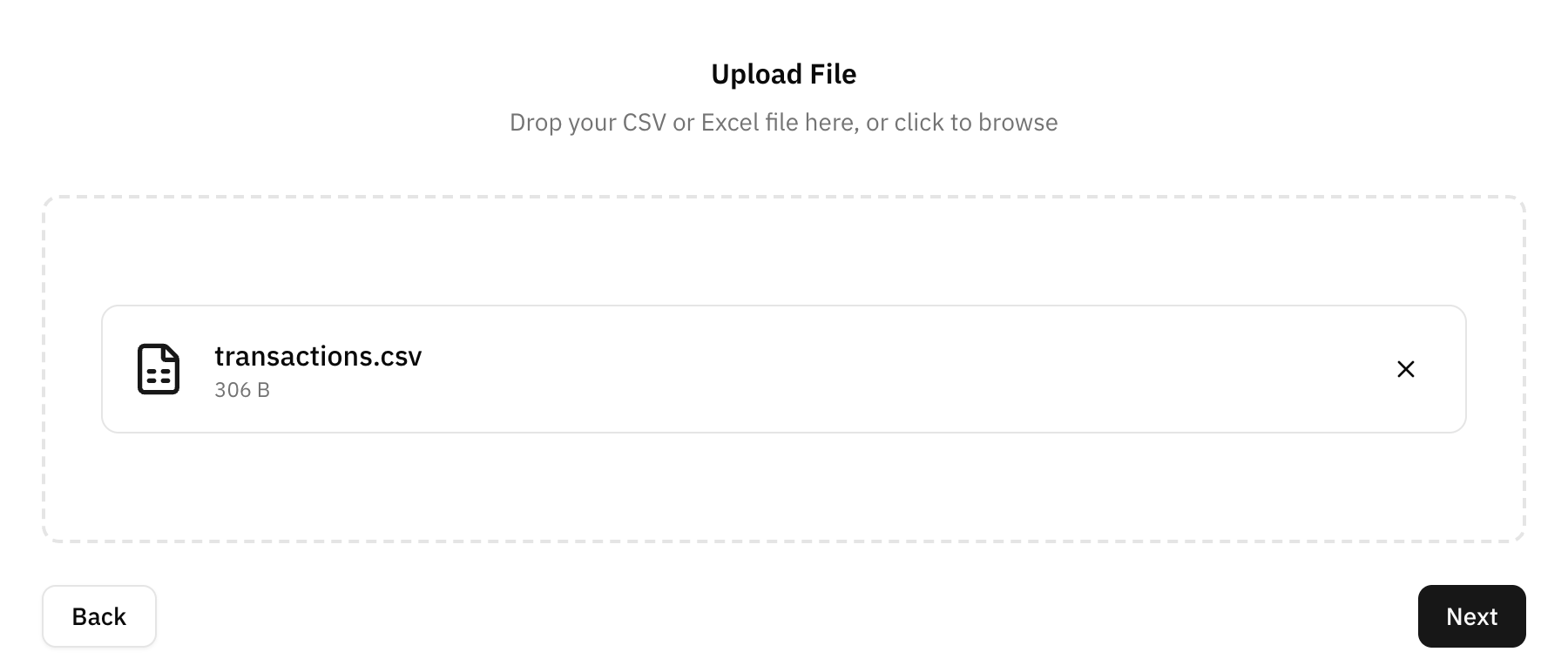 The file step of the import drawer, with a CSV chosen and the Next button ready