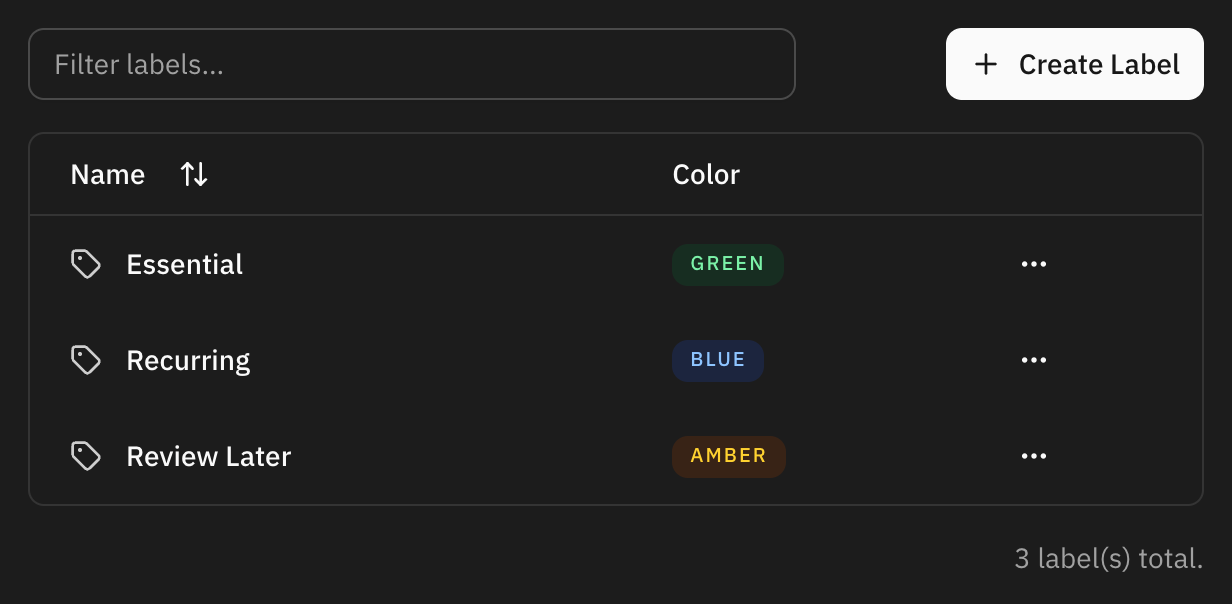 The labels settings screen, listing each label with its colour badge next to a button for creating a new one