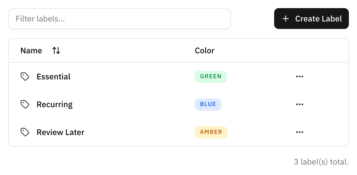 The labels settings screen, listing each label with its colour badge next to a button for creating a new one