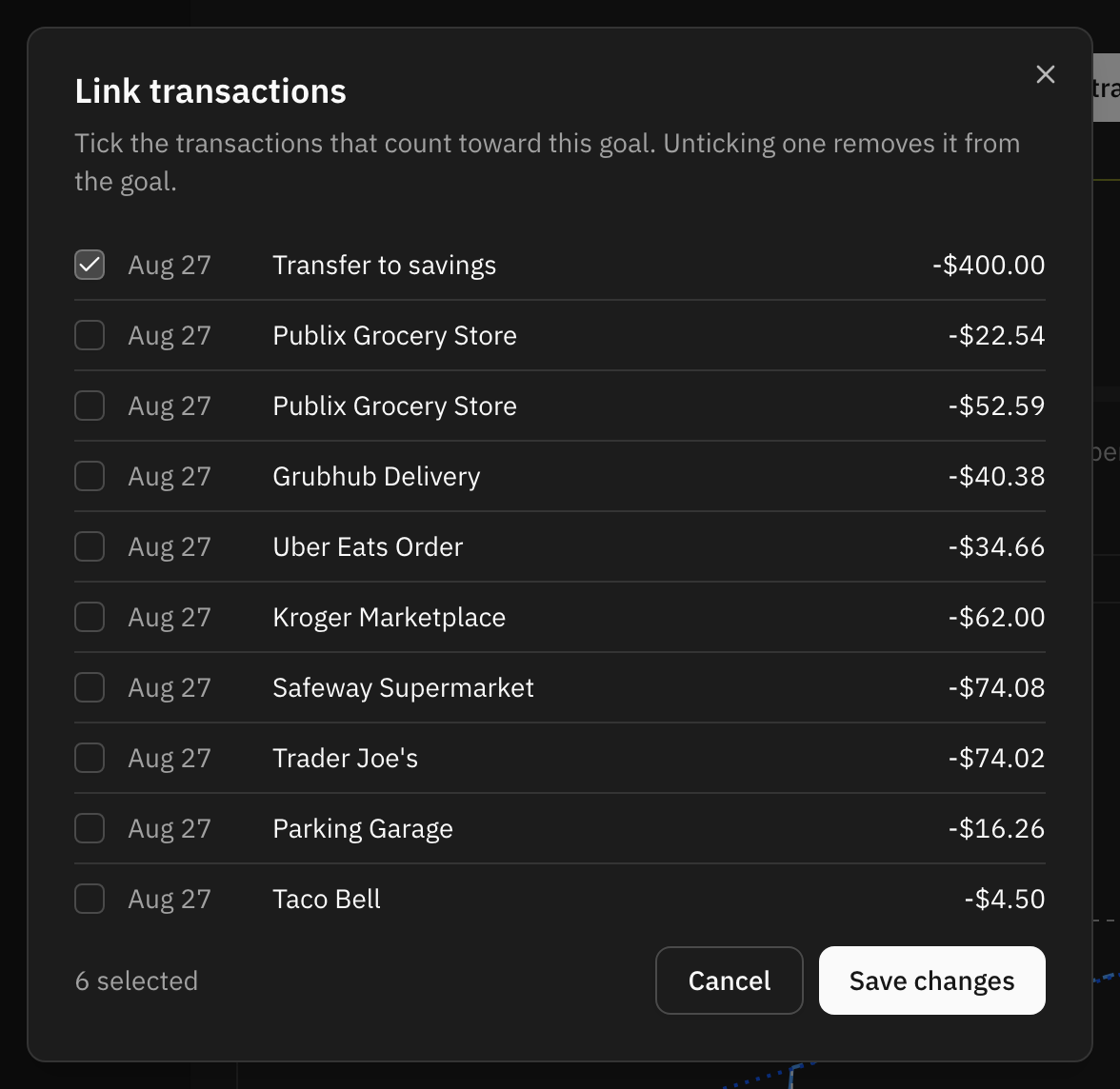 The link transactions dialog listing recent transactions with tick boxes, some of them already linked to the goal