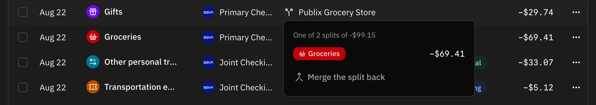 A transaction row marked as one part of a split, with the popover open listing the other part and the way to merge it back