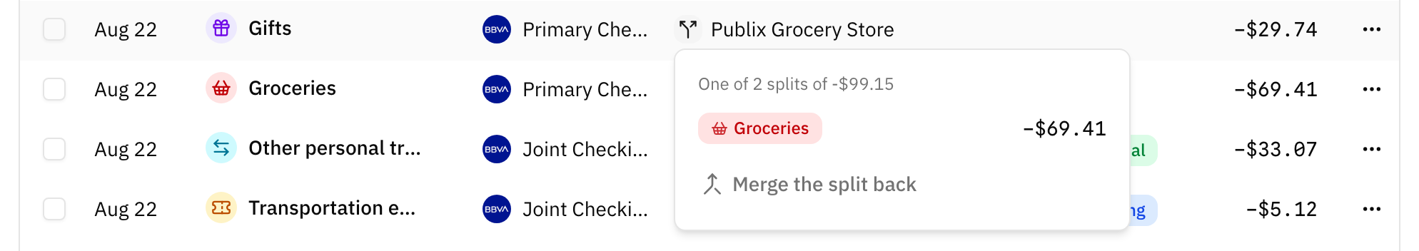 A transaction row marked as one part of a split, with the popover open listing the other part and the way to merge it back