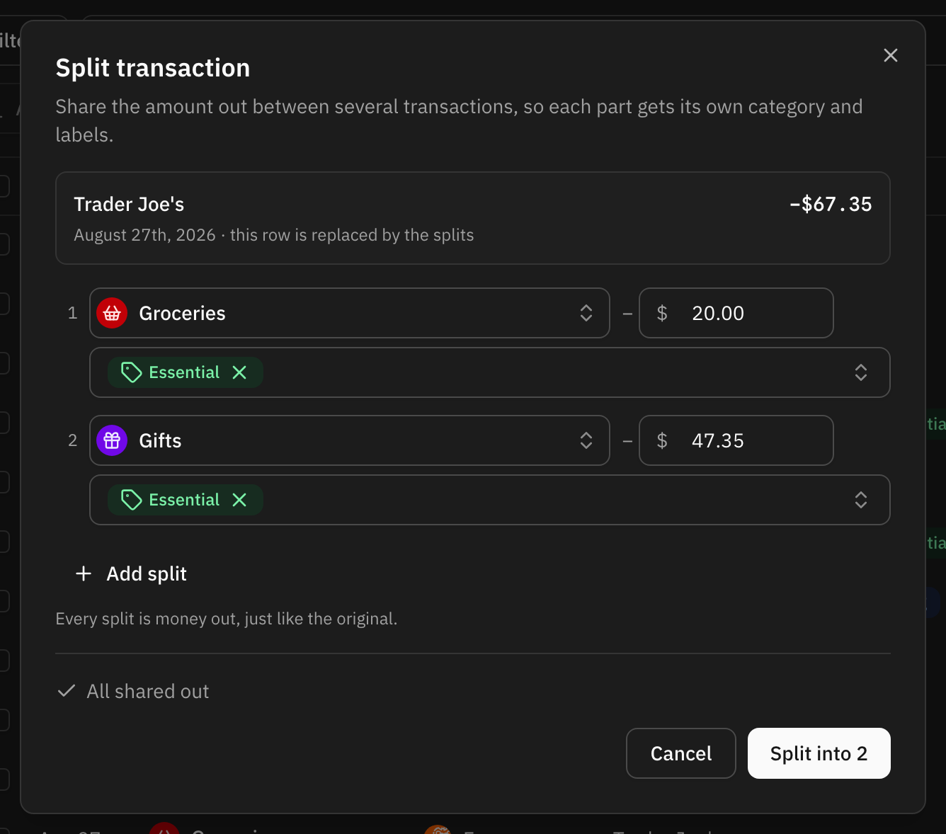 The split dialog with a supermarket transaction divided into two parts, each with its own category and amount