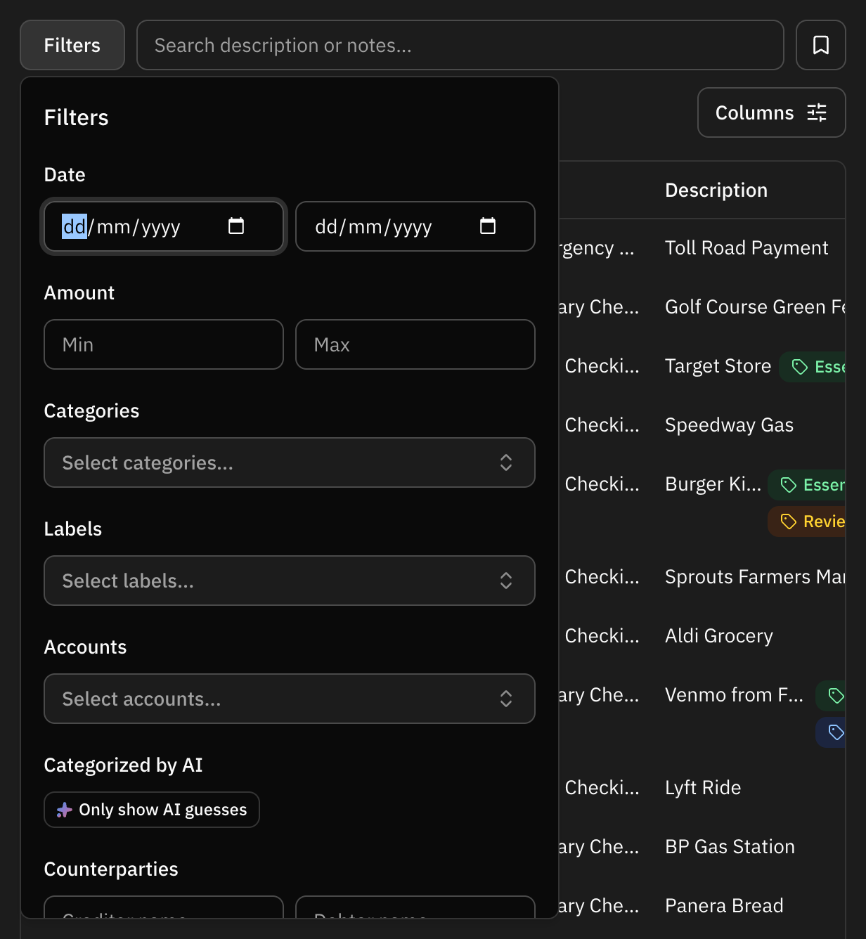 The transaction filter bar, with the date range, account, category and label pickers open above the list