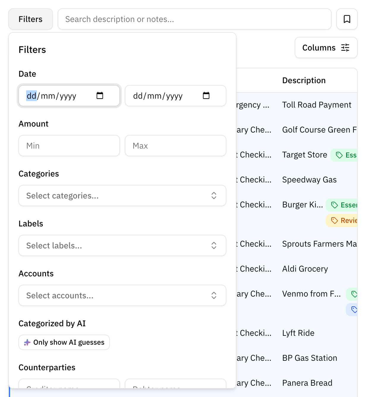 The transaction filter bar, with the date range, account, category and label pickers open above the list